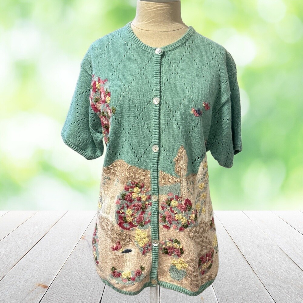 Vintage Hand Embroidered Cardigan Sweater Cottagecore Garden Birdhouse Size M